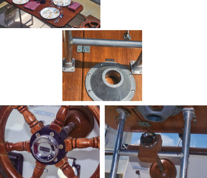 Don solved the problem of where to stow a cockpit table when he devised a way to use the saloon table in the cockpit, at left. Its H-shaped legs fit in sockets on the underside of the tabletop, center below (the big round sockets are for the saloon legs). To secure the table, Don uses the Edson nut from his steering wheel, at bottom left, to clamp a wooden bracket on the steering shaft, at bottom right.