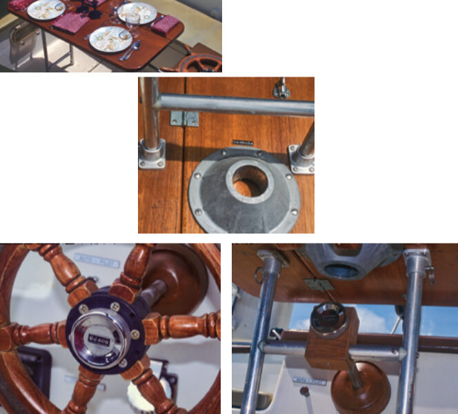 Don solved the problem of where to stow a cockpit table when he devised a way to use the saloon table in the cockpit, at left. Its H-shaped legs fit in sockets on the underside of the tabletop, center below (the big round sockets are for the saloon legs). To secure the table, Don uses the Edson nut from his steering wheel, at bottom left, to clamp a wooden bracket on the steering shaft, at bottom right.