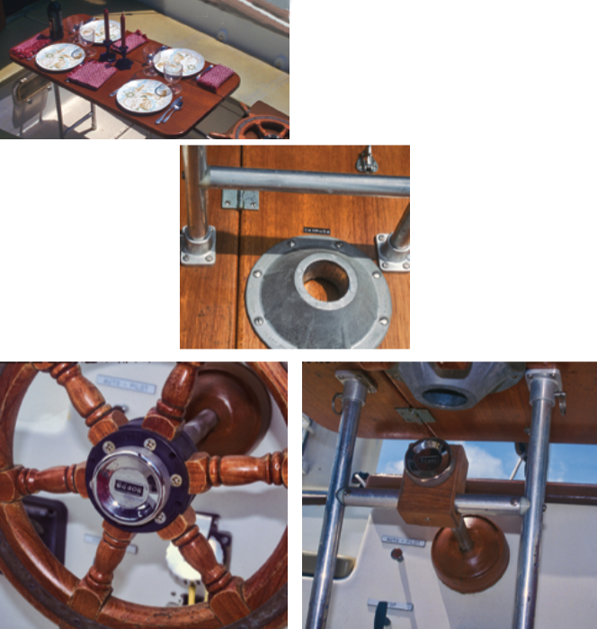 Don solved the problem of where to stow a cockpit table when he devised a way to use the saloon table in the cockpit, at left. Its H-shaped legs fit in sockets on the underside of the tabletop, center below (the big round sockets are for the saloon legs). To secure the table, Don uses the Edson nut from his steering wheel, at bottom left, to clamp a wooden bracket on the steering shaft, at bottom right.