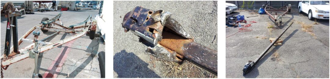 When Rocco first brought the trailer home, it looked ready for the junkyard, at left. He wrecked the surge brake, center, while freeing the telescoping hitch extension, at right, with a sledgehammer. His labors were not in vain.