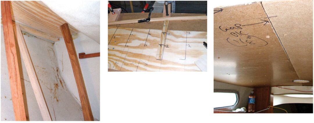 Ken used scrap lumber to hold pieces of the old overhead liner in place while the adhesive set, at left. Using tick stick marks and a flexible batten, he drew the shapes of the new overhead liner on hardboard, center, then screwed the hardboard patterns in place and marked them for trimming, at right.