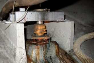 The lag screws that secured the bearing to its block had corroded, allowing the bearing to rise up the rudder stock. The weldment is for the rudder stops.