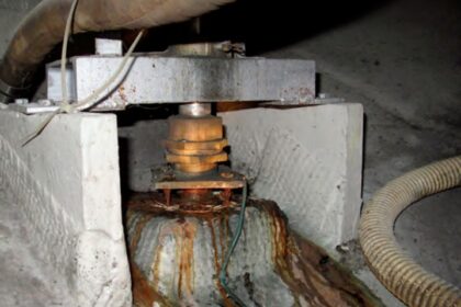 The lag screws that secured the bearing to its block had corroded, allowing the bearing to rise up the rudder stock. The weldment is for the rudder stops.
