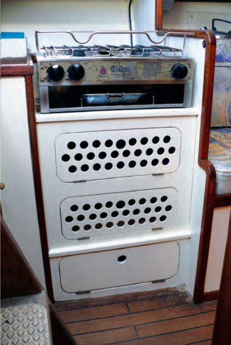 In a small galley, lockers are more useful than an oven.
