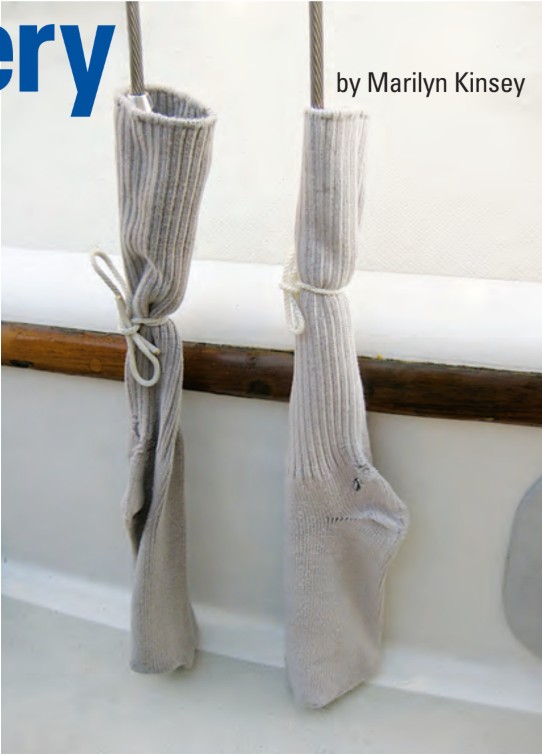 Old socks protect Marilyn’s brightwork and gelcoat from dings from the turnbuckles and the turnbuckles from dirt.