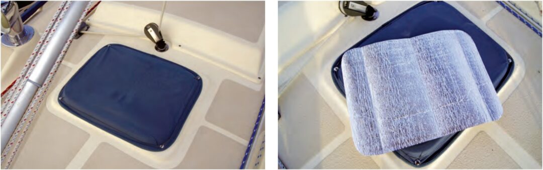 Deck hatches let in daylight but also let in unwelcome UV and heat. Gregg’s Sunbrella covers protect the boat’s interior from both, at left. Gregg further cut down the heat entering the boat by fitting reflective panels he cut from an automobile windshield sun screen, at right.