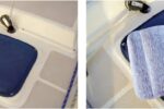 Deck hatches let in daylight but also let in unwelcome UV and heat. Gregg’s Sunbrella covers protect the boat’s interior from both, at left. Gregg further cut down the heat entering the boat by fitting reflective panels he cut from an automobile windshield sun screen, at right.