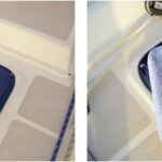 Deck hatches let in daylight but also let in unwelcome UV and heat. Gregg’s Sunbrella covers protect the boat’s interior from both, at left. Gregg further cut down the heat entering the boat by fitting reflective panels he cut from an automobile windshield sun screen, at right.