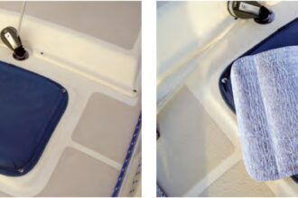 Deck hatches let in daylight but also let in unwelcome UV and heat. Gregg’s Sunbrella covers protect the boat’s interior from both, at left. Gregg further cut down the heat entering the boat by fitting reflective panels he cut from an automobile windshield sun screen, at right.