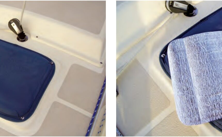 Deck hatches let in daylight but also let in unwelcome UV and heat. Gregg’s Sunbrella covers protect the boat’s interior from both, at left. Gregg further cut down the heat entering the boat by fitting reflective panels he cut from an automobile windshield sun screen, at right.