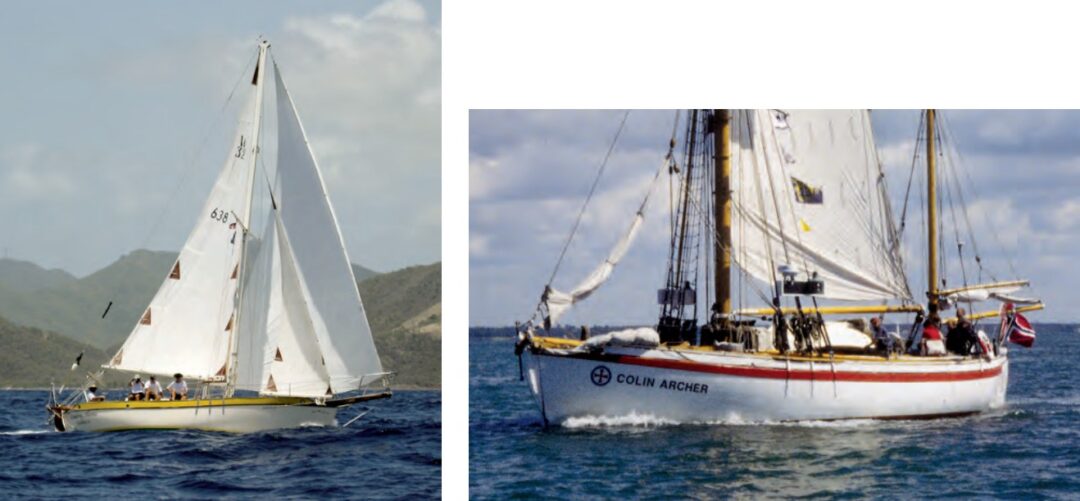 The Westsail 32, at left, set a trend for double-ended cruising yachts with outboard rudders that evolved from a hull shape designed by Colin Archer for pilot boats and lifeboats, at right.