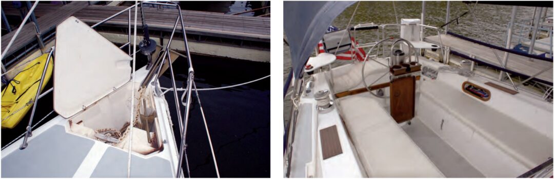 The anchor locker, at left, holds a second anchor and rode but makes fitting a windlass difficult. The T-shaped cockpit, at right, allows easy movement around the pedestal. Note the rudder head under the helm seat where it’s accessible if there is a need to fit an emergency tiller.
