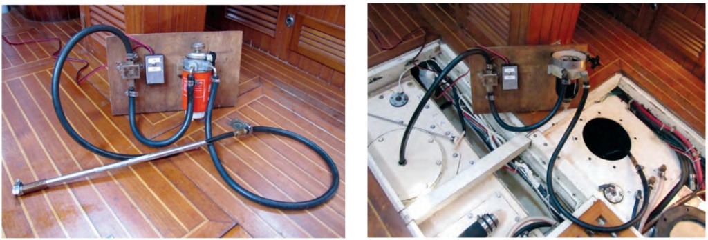 David’s fuel-polishing system, shown at left with the Kia fuel filter and at right with the Racor filter, is portable, making it more versatile than a hard-plumbed system.