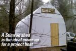 The curious-looking structure in the New Hampshire woods contains Magic, Matt’s Alberg 35.