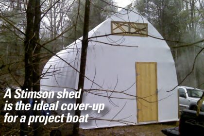 The curious-looking structure in the New Hampshire woods contains Magic, Matt’s Alberg 35.