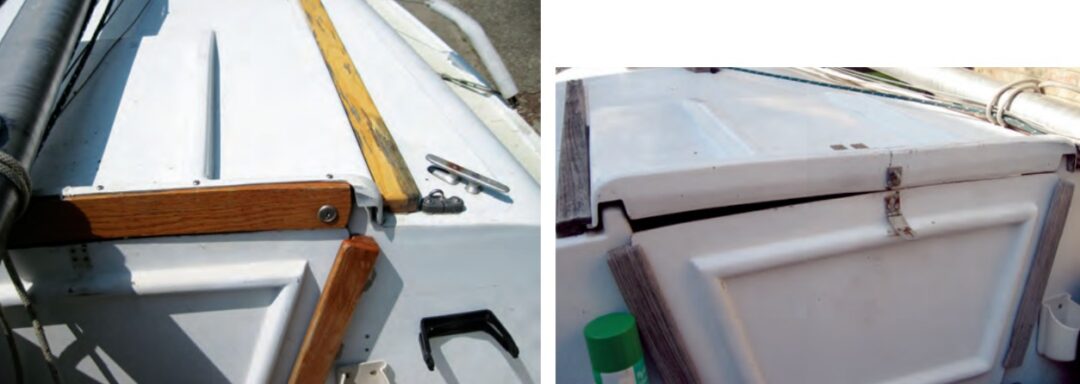 Age and neglect had left their mark on the companionway hatch and trim, at right, but a little labor restored both looks and function, at left.