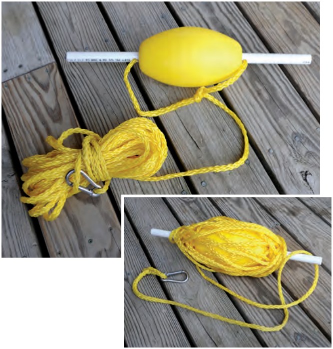 Polypropylene line, a small float, and a length of PVC pipe make an adjustable-depth anchor marker.
