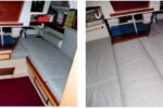 During the day, the O’Day’s main cabin is set up for sailing and sitting, at left, and at night the seatbacks become part of a whole-cabin mattress, at right.
