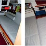 During the day, the O’Day’s main cabin is set up for sailing and sitting, at left, and at night the seatbacks become part of a whole-cabin mattress, at right.