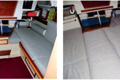 During the day, the O’Day’s main cabin is set up for sailing and sitting, at left, and at night the seatbacks become part of a whole-cabin mattress, at right.