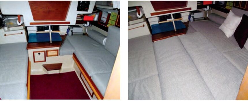 During the day, the O’Day’s main cabin is set up for sailing and sitting, at left, and at night the seatbacks become part of a whole-cabin mattress, at right.