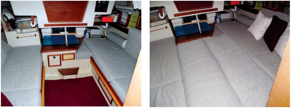 During the day, the O’Day’s main cabin is set up for sailing and sitting, at left, and at night the seatbacks become part of a whole-cabin mattress, at right.