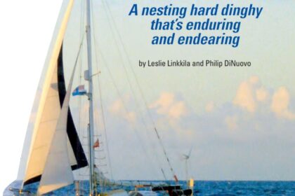 Bacio, the authors’ modified Chameleon nesting dinghy, fits aboard Carina between the mast and the dodger.