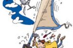 Illustration of a man working on a furler in a storm