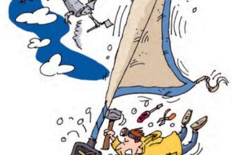 Illustration of a man working on a furler in a storm
