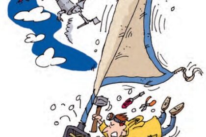 Illustration of a man working on a furler in a storm