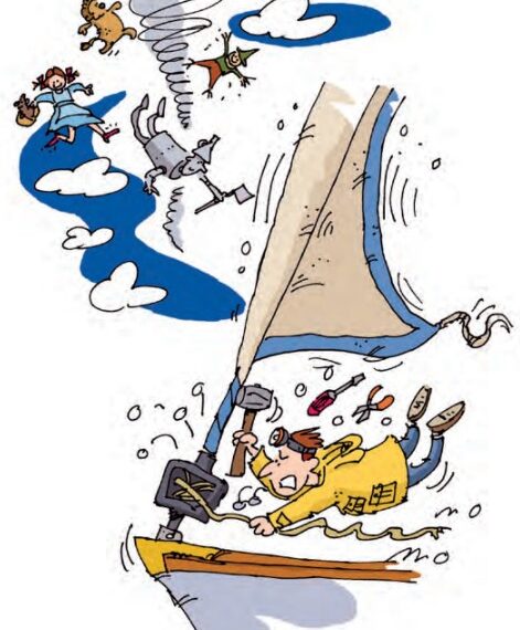 Illustration of a man working on a furler in a storm