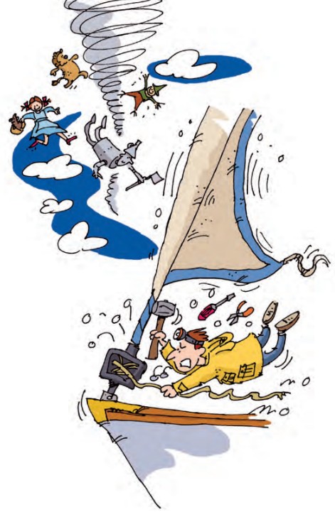 Illustration of a man working on a furler in a storm
