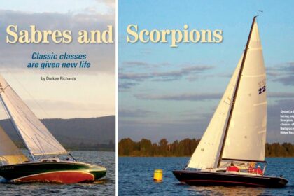 Opinel, a Columbia Sabre, at left, and Dagr, an Ericson Scorpion, represent the two classes of restored raceboats that grace the waters of Fern Ridge Reservoir in Oregon.
