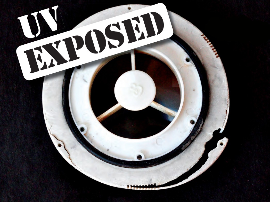 Over many years, reflected UV glare degraded even the underside of this deck ventilator.