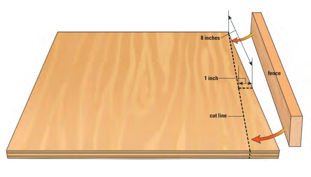 Starting with a rectangular plywood board, mark the desired scarf ratio on one side (8:1 shown) and cut along the (dotted) line. Fasten the fence to that edge.