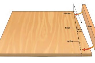 Starting with a rectangular plywood board, mark the desired scarf ratio on one side (8:1 shown) and cut along the (dotted) line. Fasten the fence to that edge.