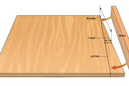 Starting with a rectangular plywood board, mark the desired scarf ratio on one side (8:1 shown) and cut along the (dotted) line. Fasten the fence to that edge.