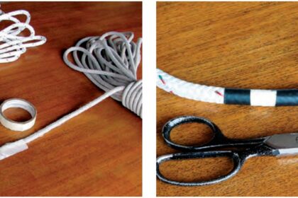 The tape splice is very simple. Butt the ends of the old and new halyards together on the strapping tape, at left, and fold the tape around the lines. For added security, wrap the splice with electrical tape, at right. The deck or the mast make convenient surfaces to work on.