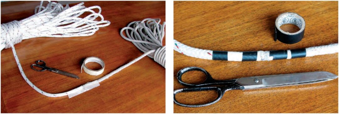 The tape splice is very simple. Butt the ends of the old and new halyards together on the strapping tape, at left, and fold the tape around the lines. For added security, wrap the splice with electrical tape, at right. The deck or the mast make convenient surfaces to work on.
