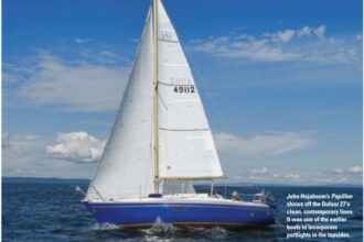 John Hojaboom’s Papillon shows off the Dufour 27‘s clean, contemporary lines. It was one of the earlier boats to incorporate portlights in the topsides.