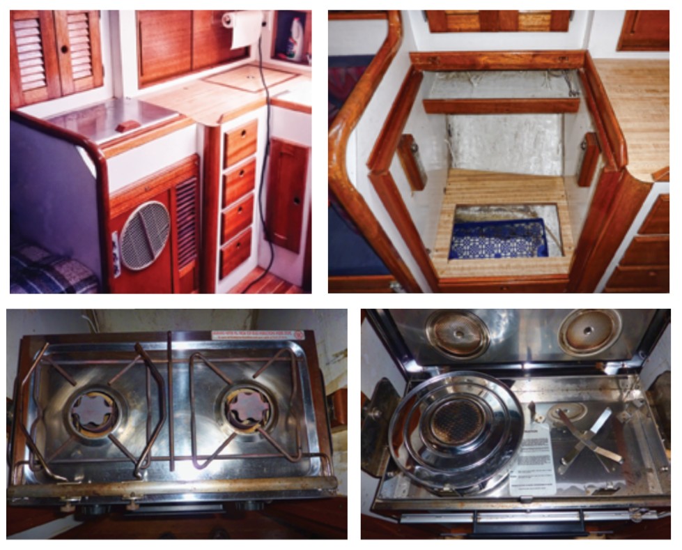 A fixed stovetop and an air conditioner, top left. The stainless-steel top is easy to clean, bottom left, and hinges up so the fuel canisters can be removed for refilling, bottom right.