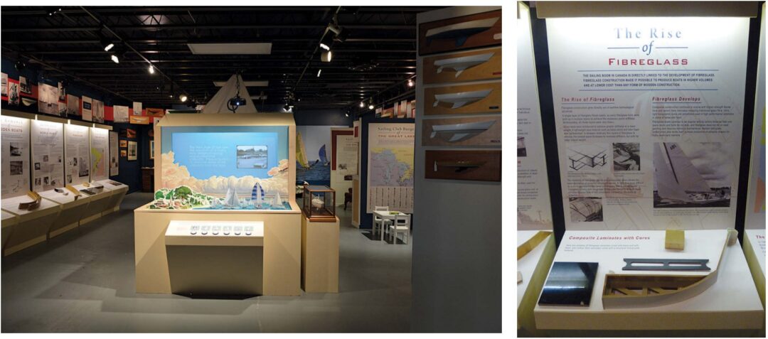 Indoors, the special New Age of Sail exhibit, at left, depicts the fiberglass boatbuilding boom, at right.