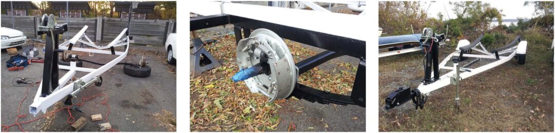 As the restoration progressed, the trailer began to sport new paint and sprout new parts, at left. The new Titan 10- by 2 1⁄4-inch free-backing drumbrake assemblies await the new rims and tires, center. Complete with bunk carpeting, the trailer is ready for hauling duty at the marina, at right.