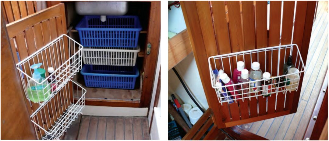 Petrea made the most of the space under her galley counter, at left, with inexpensive plastic baskets that slide on rails. Cheap wire baskets can be fitted nearly anywhere, at right.