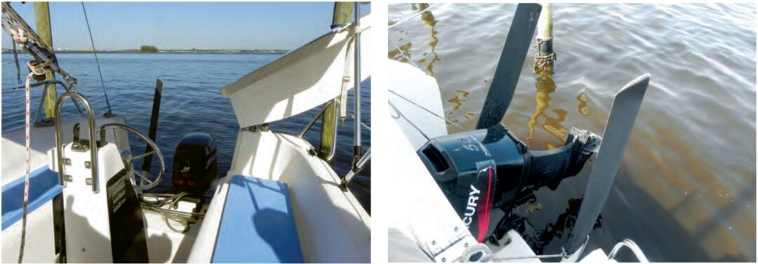 The aft end of the cockpit, which incorporates the helmsman’s seat, lifts up on a hinge to provide access to the utboard motor and swim platform, at left. Unusual for a general-purpose boat like the MacGregor are its twin rudders, at right, that are retractable and linked together in the steering system.