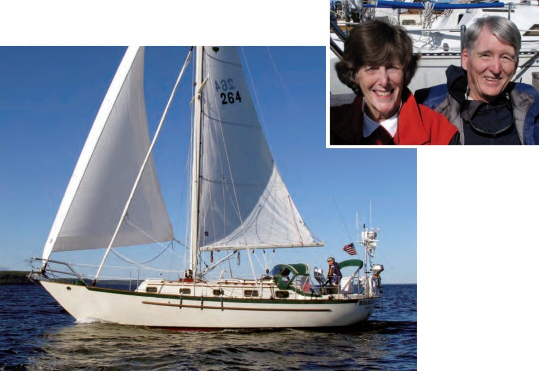Over the years Linda and Bob, upper right, have owned Dalliance, lower left, they have fitted her out to suit their sailing style.