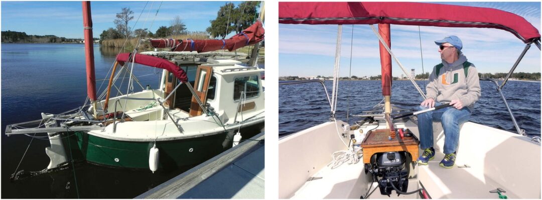 The canoe stern limits cockpit space but it’s part of the boat’s character, at left. The mizzen sheets to the boomkin and furls around the mast. A retractable board inside the rudder can be raised for shallow-water cruising. The 9.9-horsepower outboard motor is in a well in the cockpit, at right, and its cover creates a table of sorts. Owners report some issues with the motor stalling due to poor ventilation in the well.
