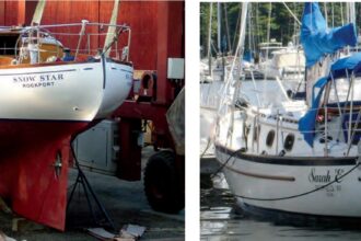 Designers have drawn many versions of the canoe stern. K. Aage Nielson’s Snow Star, at left, has tumblehome and a real canoe pinch, while Bill Crealock’s Pacific Seacraft 37, at right, is closer to the Albert Strange model.