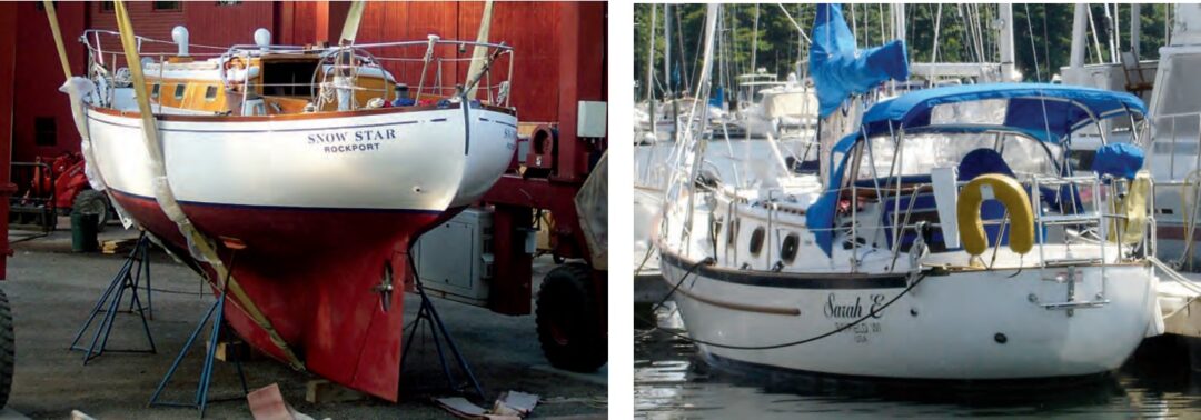 Designers have drawn many versions of the canoe stern. K. Aage Nielson’s Snow Star, at left, has tumblehome and a real canoe pinch, while Bill Crealock’s Pacific Seacraft 37, at right, is closer to the Albert Strange model.