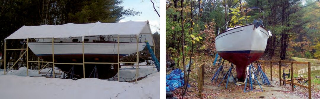 It replaced a less robust canopy that succumbed to snow, at left. Matt built knee walls, at right.